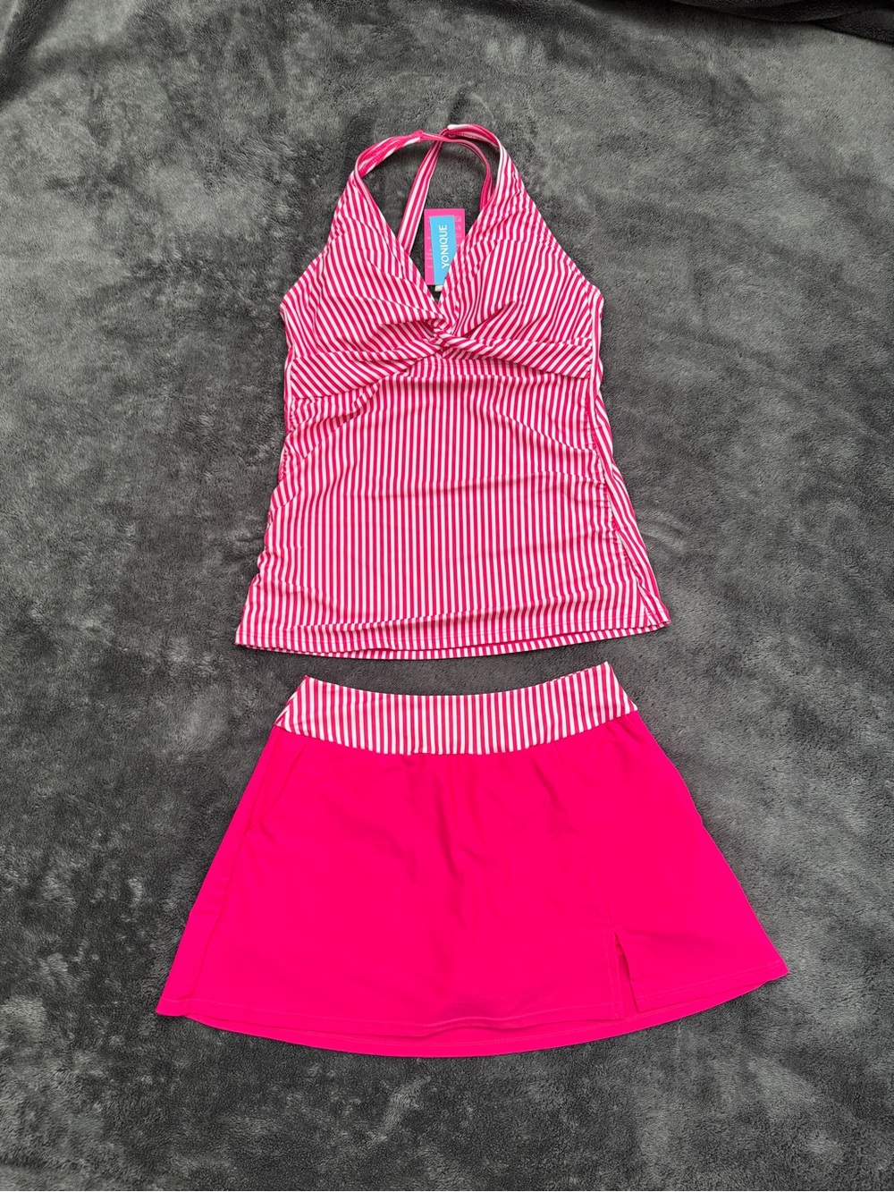 Striped Pink Halter Tankini Top with Solid Pink Swim Skirt NWT